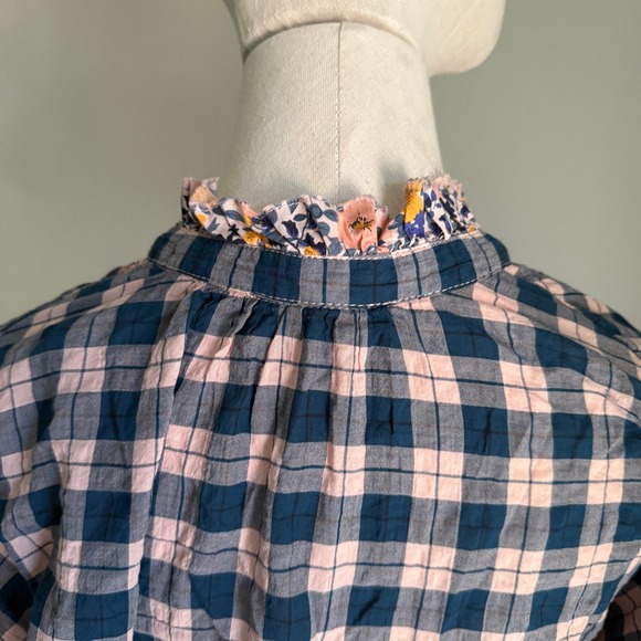 Pilcro Anthropologie Tavi Plaid Button Down Navy Pink Ruffle Collar Shirt Top XS - Picture 6 of 9